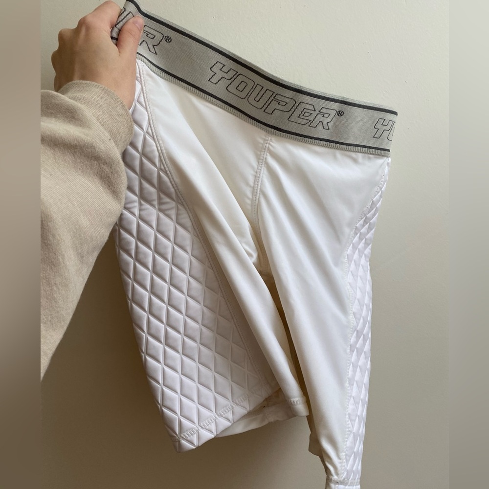 White spandex athletic padded slider shorts